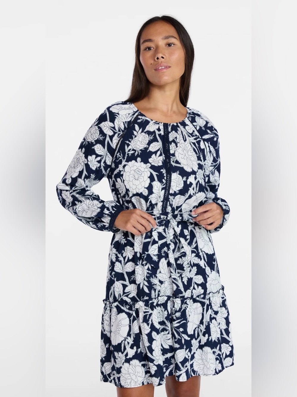 Time and Tru Peasant Mini Dress 2XL XXL Floral Navy Blue Lace Long Sleeve Boho - Picture 2 of 7